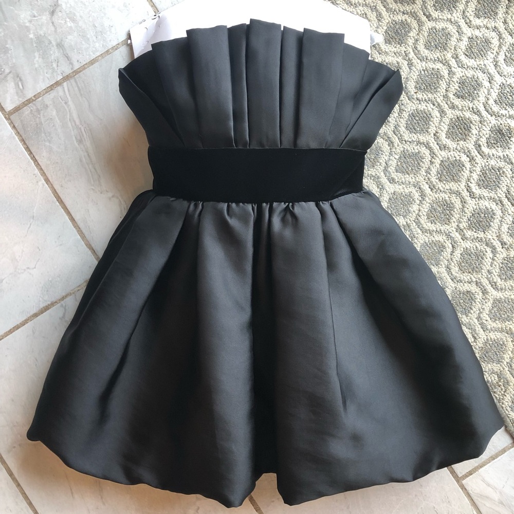 JAYGODFREY Lola Bubble Satin Mini Dress Strapless Velvet Trim Waist Pockets